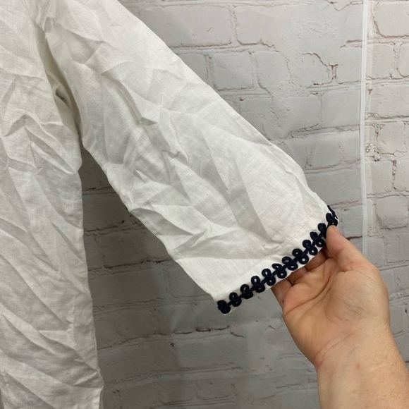 Symple NYC Tunic Womens Size Large White Linen Navy Blue Detail Boho Blouse Top - Picture 6 of 8